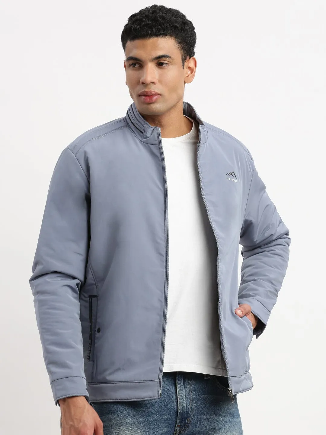 Men Solid Mock Collar Blue Bomber Jacket