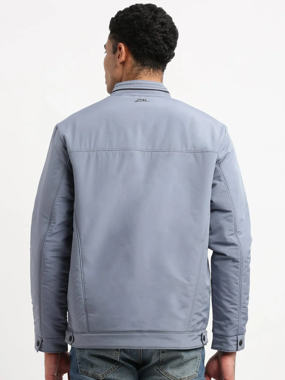 Men Solid Mock Collar Blue Bomber Jacket