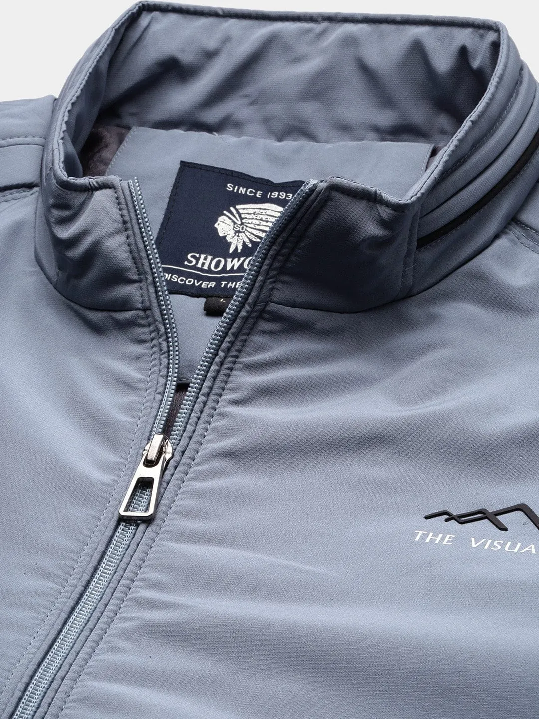 Men Solid Mock Collar Blue Bomber Jacket