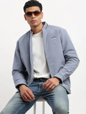 Men Solid Mock Collar Blue Bomber Jacket