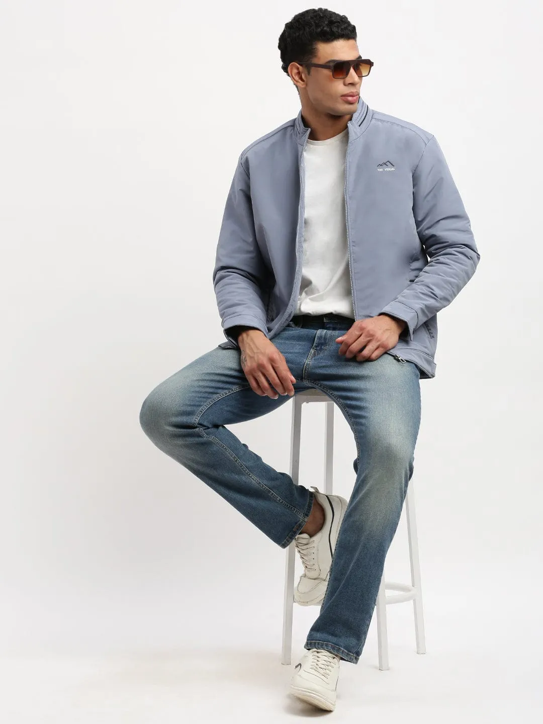 Men Solid Mock Collar Blue Bomber Jacket