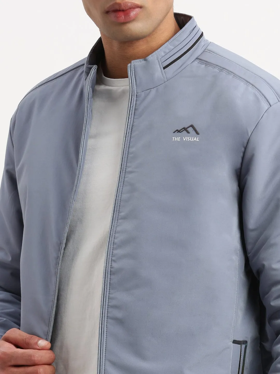 Men Solid Mock Collar Blue Bomber Jacket