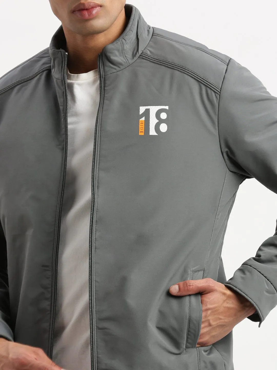 Men Solid Mock Collar Grey Casual Bomber Jacket