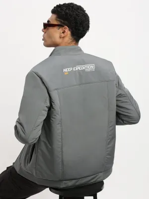 Men Solid Mock Collar Grey Casual Bomber Jacket