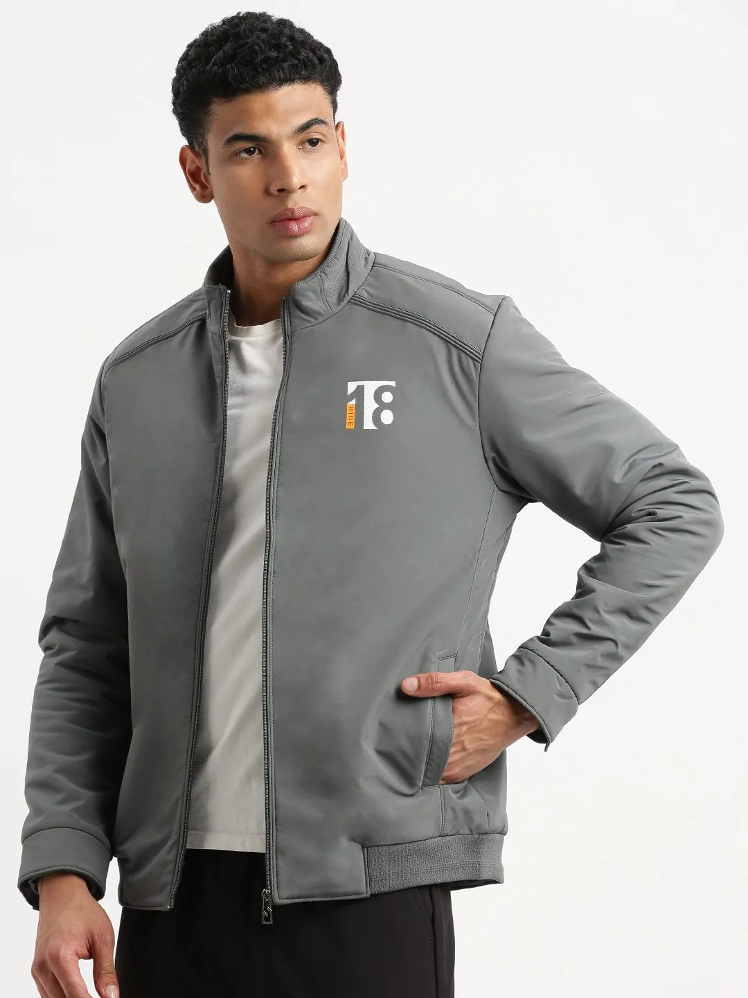 Men Solid Mock Collar Grey Casual Bomber Jacket