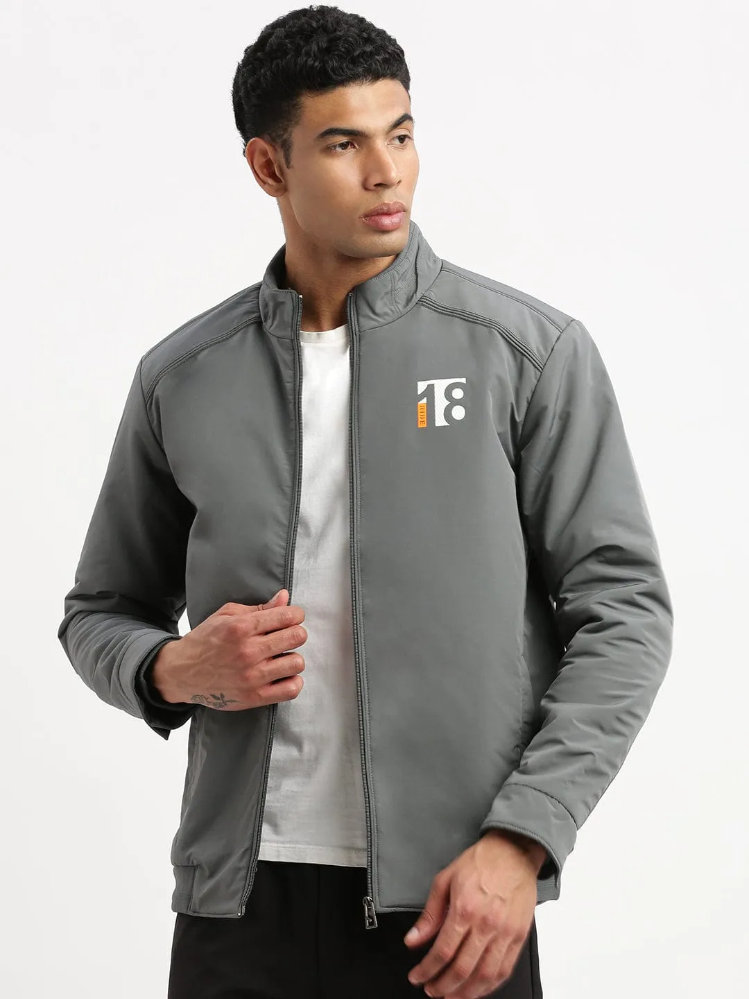 Men Solid Mock Collar Grey Casual Bomber Jacket