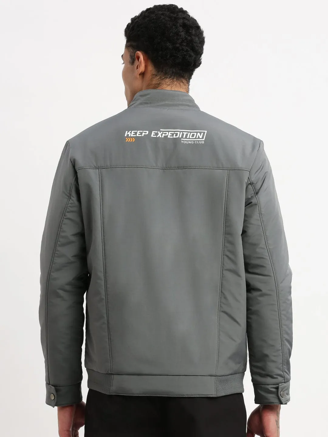 Men Solid Mock Collar Grey Casual Bomber Jacket