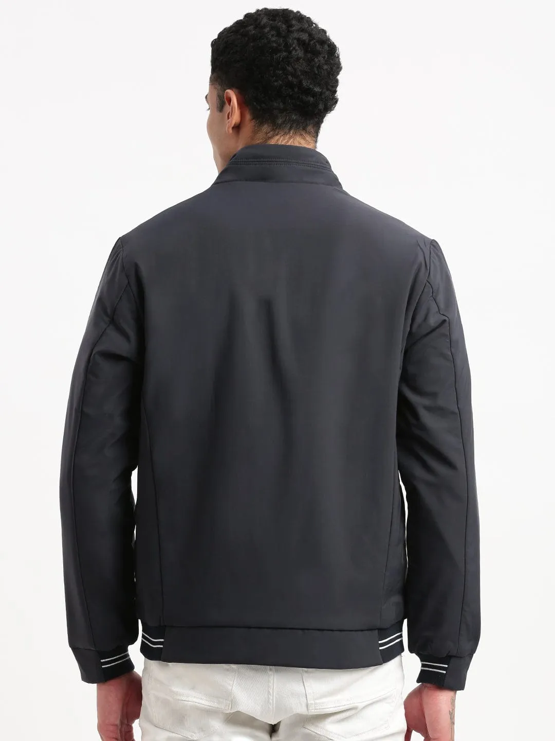 Men Solid Mock Collar Navy Blue Casual Bomber Jacket