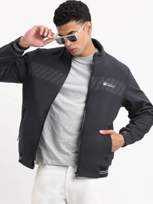 Men Solid Mock Collar Navy Blue Casual Bomber Jacket