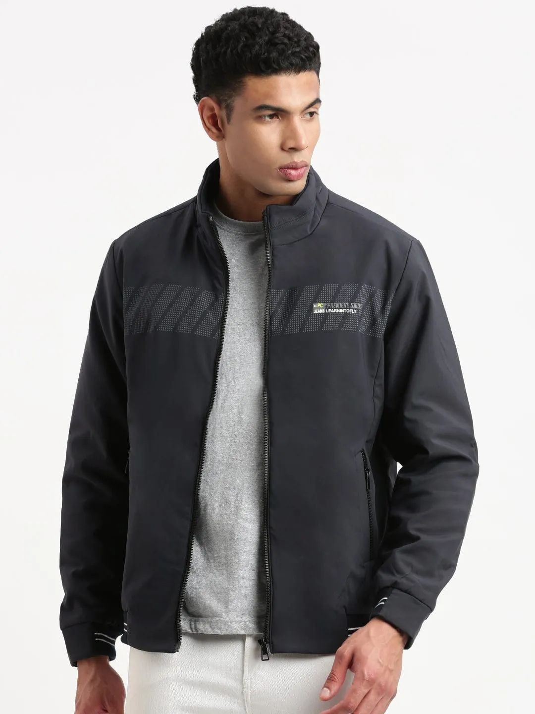 Men Solid Mock Collar Navy Blue Casual Bomber Jacket