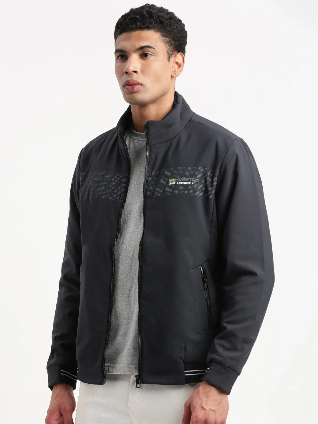 Men Solid Mock Collar Navy Blue Casual Bomber Jacket