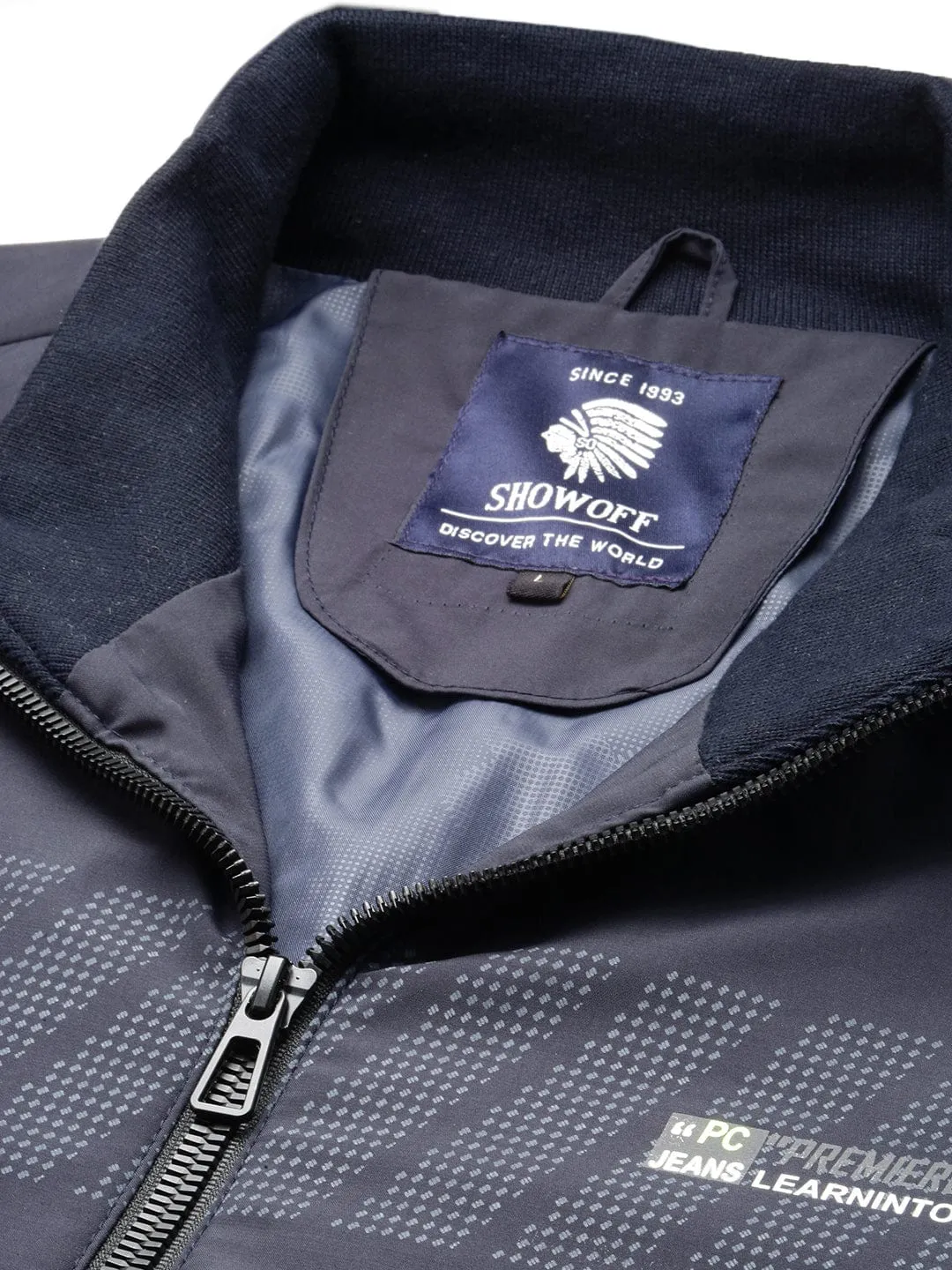Men Solid Mock Collar Navy Blue Casual Bomber Jacket