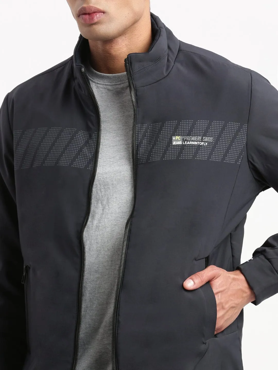 Men Solid Mock Collar Navy Blue Casual Bomber Jacket