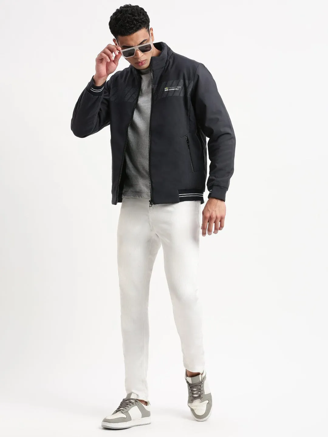 Men Solid Mock Collar Navy Blue Casual Bomber Jacket