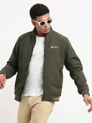 Men Solid Mock Collar Olive Casual Bomber Jacket