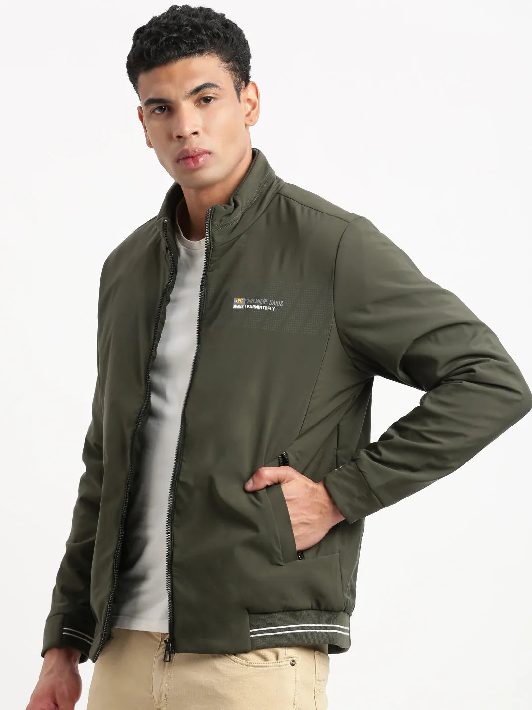 Men Solid Mock Collar Olive Casual Bomber Jacket
