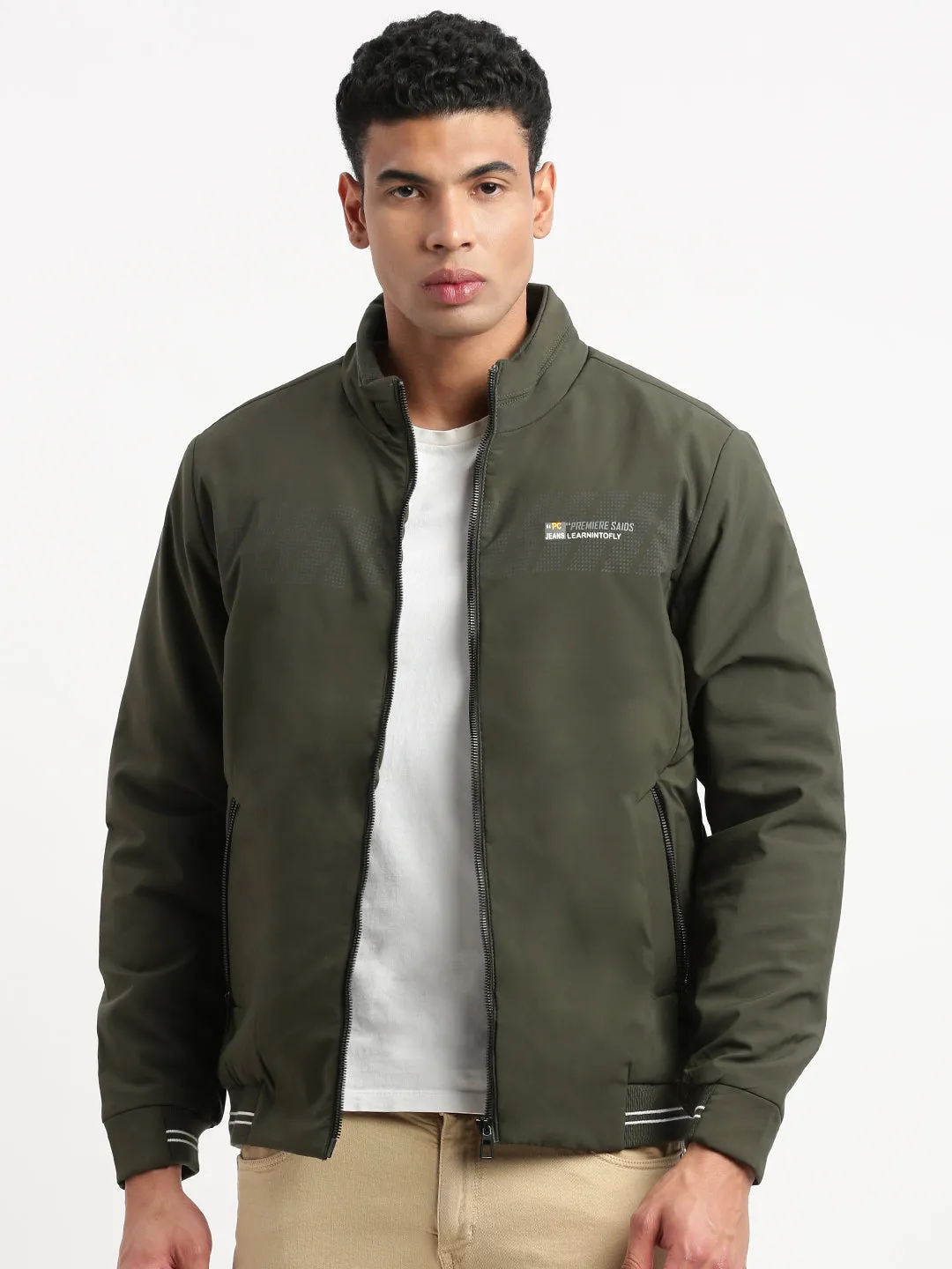 Men Solid Mock Collar Olive Casual Bomber Jacket