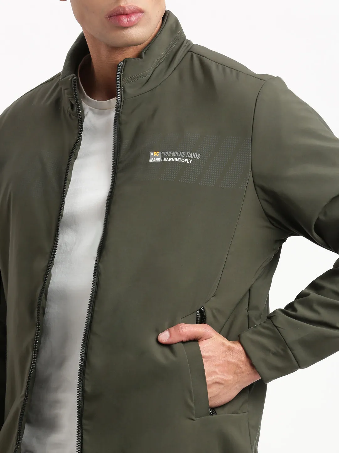 Men Solid Mock Collar Olive Casual Bomber Jacket