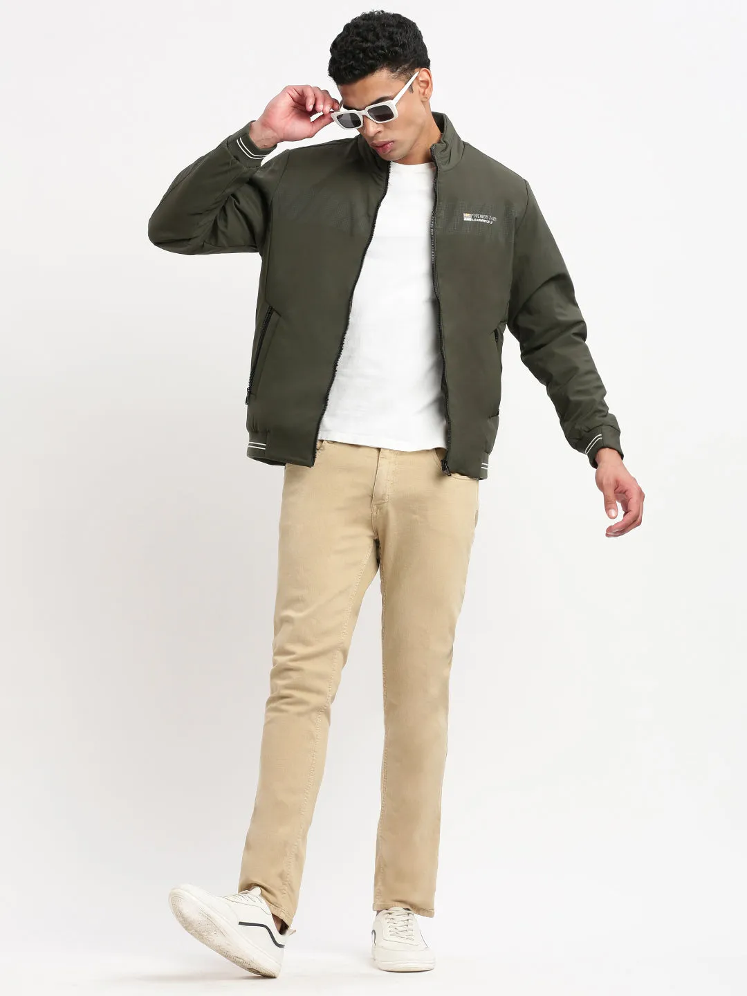 Men Solid Mock Collar Olive Casual Bomber Jacket