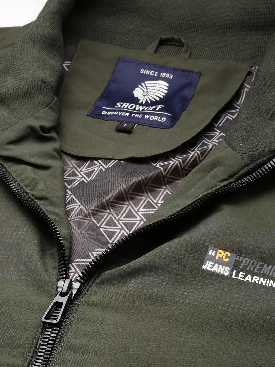 Men Solid Mock Collar Olive Casual Bomber Jacket