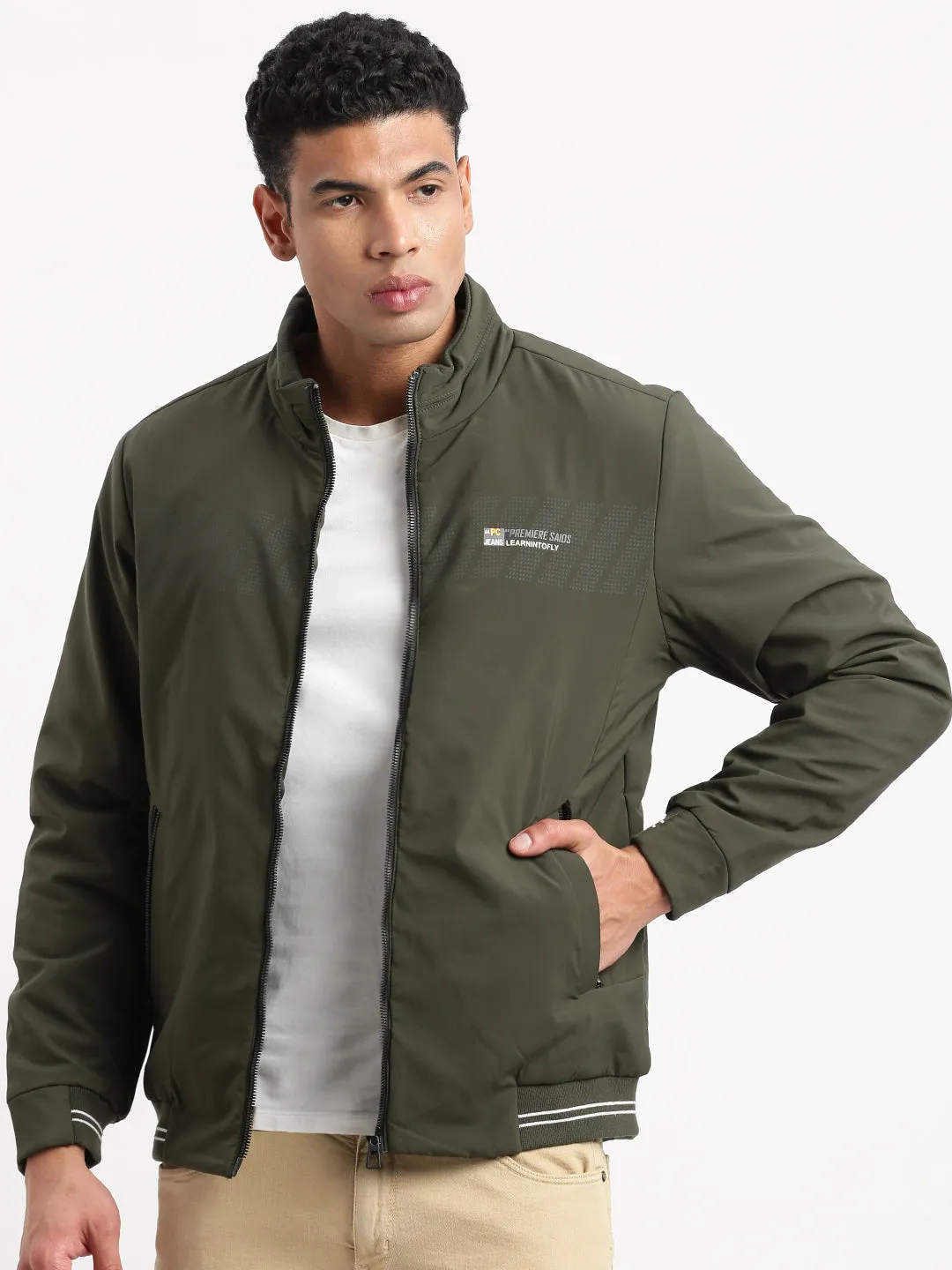 Men Solid Mock Collar Olive Casual Bomber Jacket