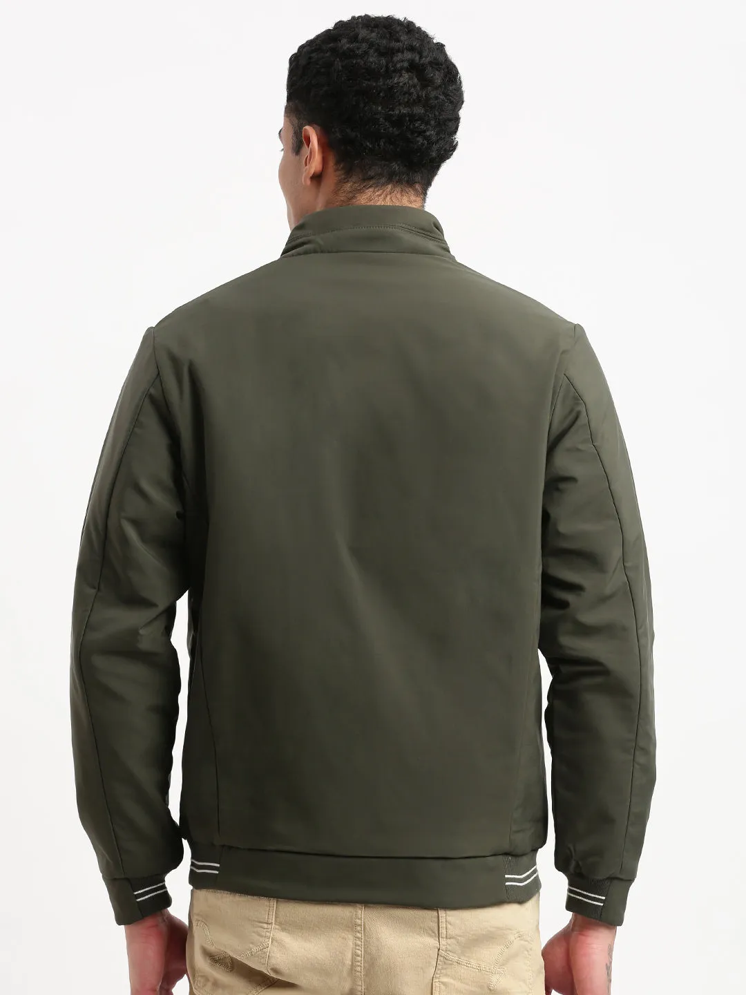 Men Solid Mock Collar Olive Casual Bomber Jacket