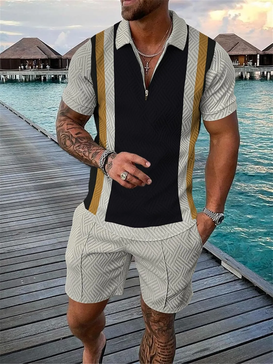 Men Track Suits 2 Piece Set Summer Casual Outfits Fashion Polo Shirts Short Sleeve and Shorts Set Vacation Clothes