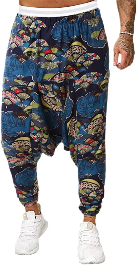 Men Vintage Print Harem Pants Wide Leg Pants Male Casual Cross Pants