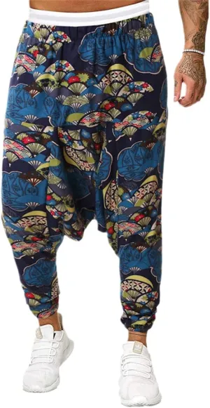 Men Vintage Print Harem Pants Wide Leg Pants Male Casual Cross Pants