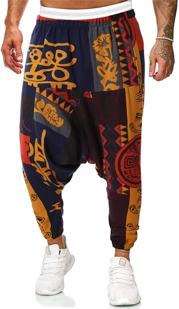 Men Vintage Print Harem Pants Wide Leg Pants Male Casual Cross Pants