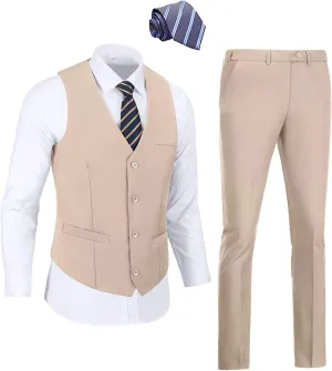 Men's 2 Piece Vest Pants Set Slim Fit Wedding Suit for Men with Tie Tuxedo Set for Business Christmas