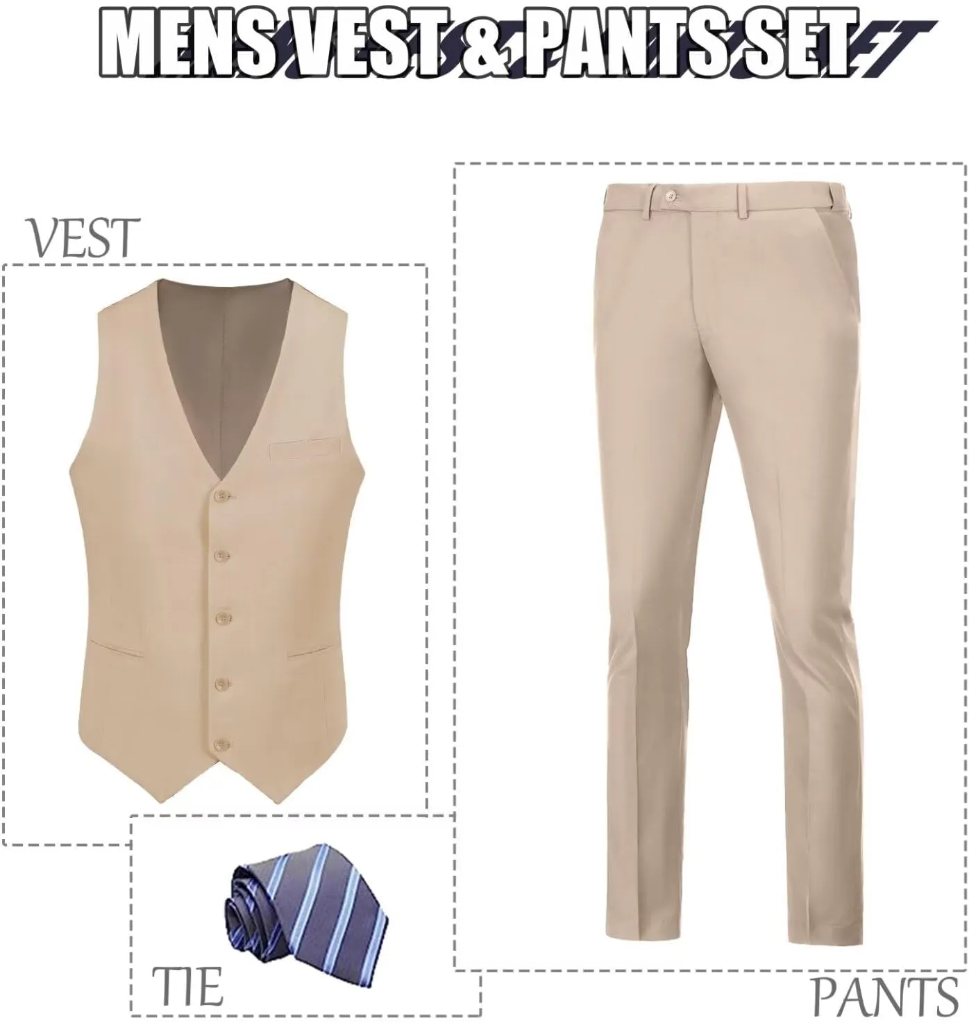 Men's 2 Piece Vest Pants Set Slim Fit Wedding Suit for Men with Tie Tuxedo Set for Business Christmas
