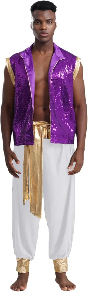 Mens Arab Prince Costume Adult Persian Arabian Arab Fancy Dress Up Vest Tops and Harem Pant