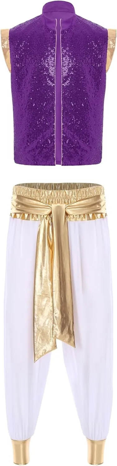 Mens Arab Prince Costume Adult Persian Arabian Arab Fancy Dress Up Vest Tops and Harem Pant