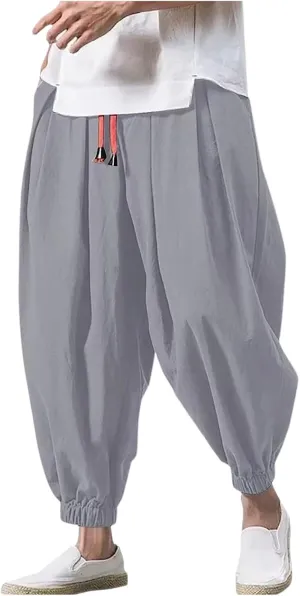 Men's Linen Harem Pants Baggy Hippie Casual Pants Stretchy Waist Drop Crotch Comfy Joggers Trousers with Pocket 2025