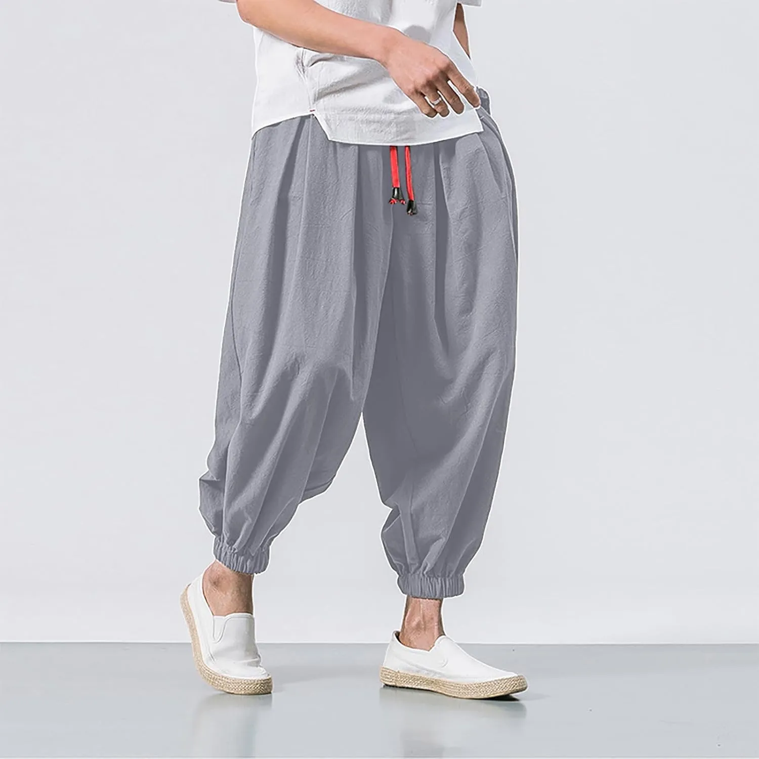 Men's Linen Harem Pants Baggy Hippie Casual Pants Stretchy Waist Drop Crotch Comfy Joggers Trousers with Pocket 2025