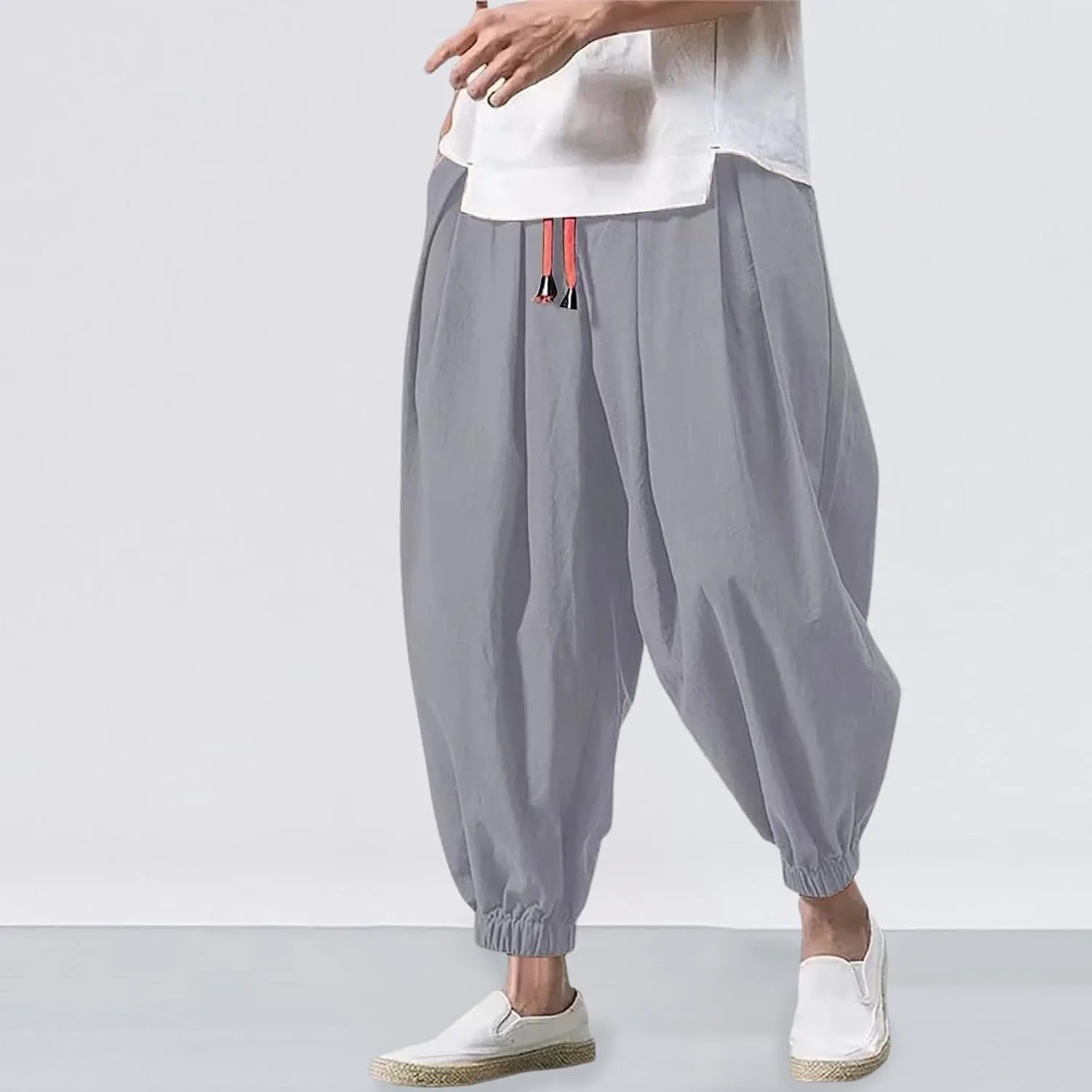 Men's Linen Harem Pants Baggy Hippie Casual Pants Stretchy Waist Drop Crotch Comfy Joggers Trousers with Pocket 2025