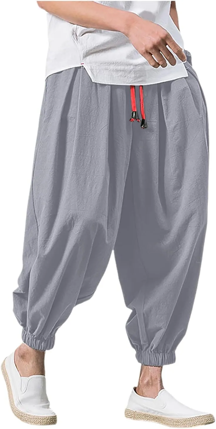 Men's Linen Harem Pants Baggy Hippie Casual Pants Stretchy Waist Drop Crotch Comfy Joggers Trousers with Pocket 2025