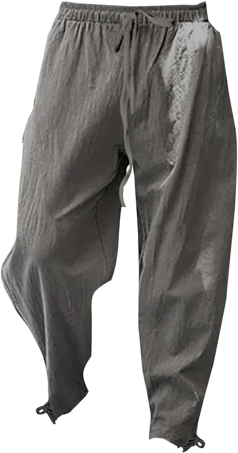 Men's Linen Pants Elastic Drawstring Casual Loose Fit Beach Summer Pants Lightweight Linen Trousers Yoga Pants