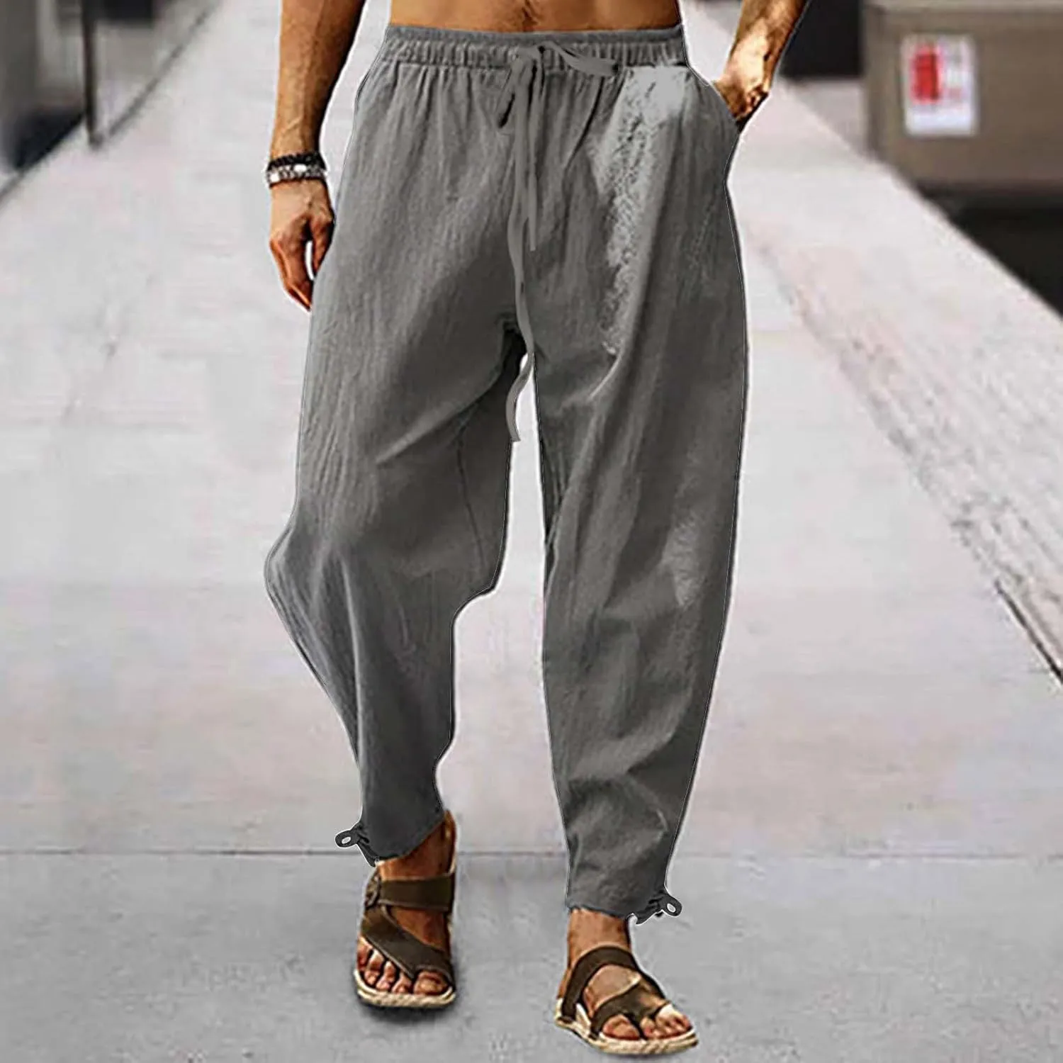 Men's Linen Pants Elastic Drawstring Casual Loose Fit Beach Summer Pants Lightweight Linen Trousers Yoga Pants