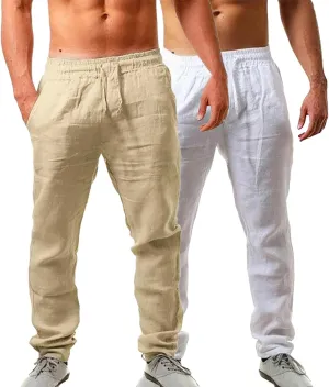 Mens Linen Pants Yoga Beach Loose Fit Casual Summer Elastic Waist Drawstring Lounge Trousers with Pockets 2 Pack