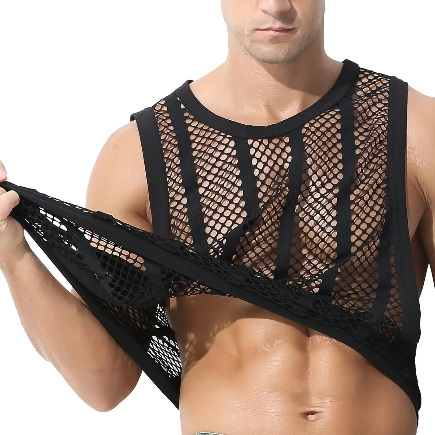 Mens See Through Tank Tops Sleeveless Stripe Mesh Fitted Muscle Shirts with Large Side Split Hollow Out Sheer Undershirts