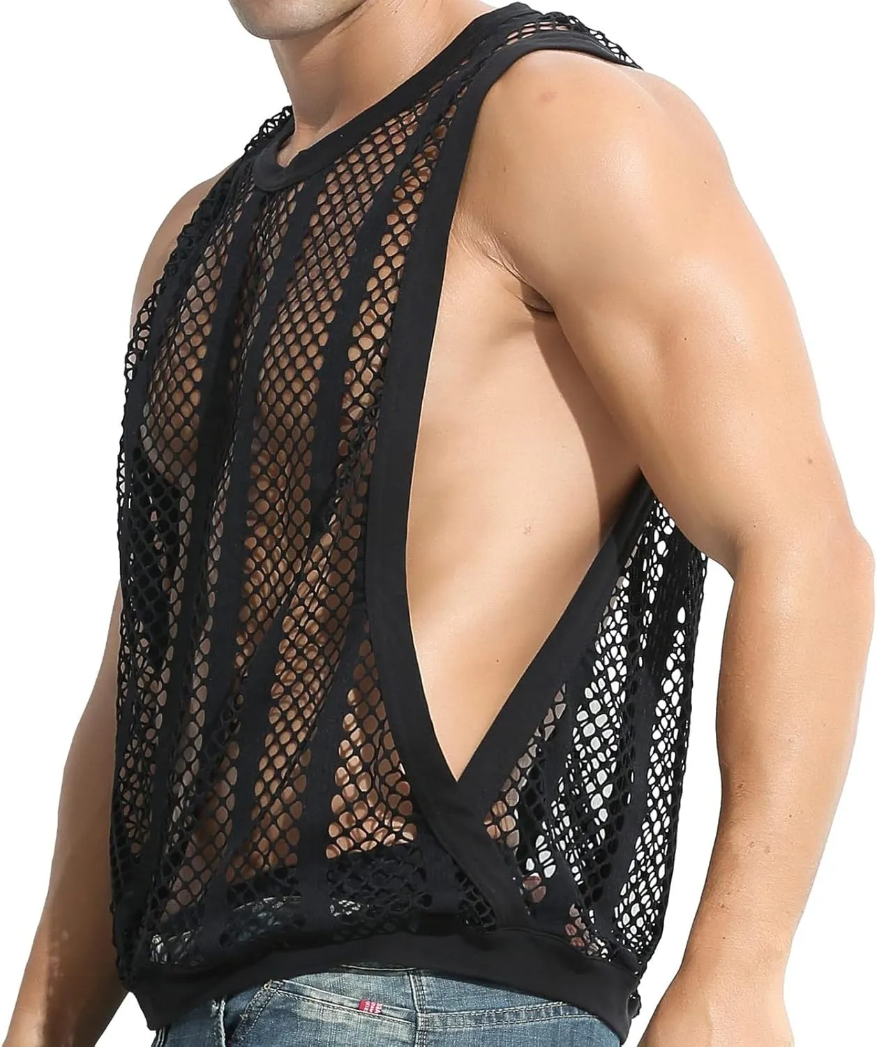 Mens See Through Tank Tops Sleeveless Stripe Mesh Fitted Muscle Shirts with Large Side Split Hollow Out Sheer Undershirts