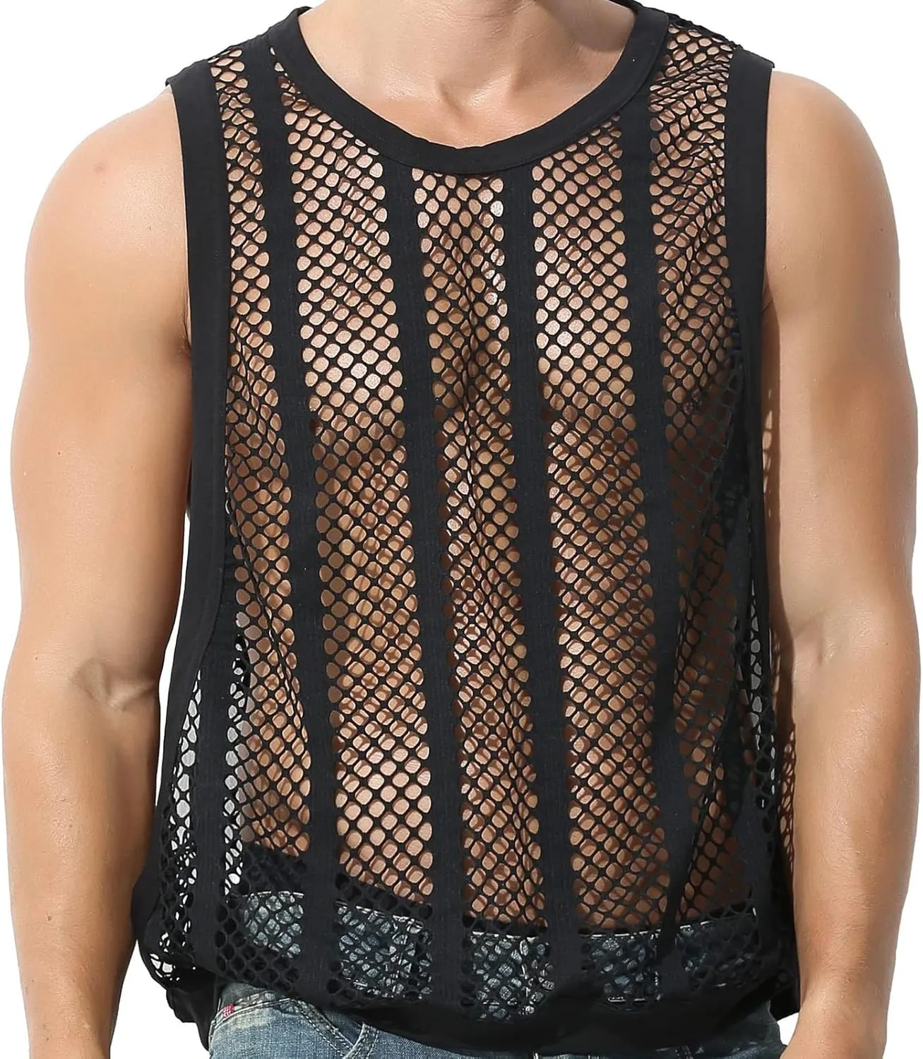Mens See Through Tank Tops Sleeveless Stripe Mesh Fitted Muscle Shirts with Large Side Split Hollow Out Sheer Undershirts