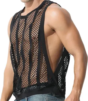 Mens See Through Tank Tops Sleeveless Stripe Mesh Fitted Muscle Shirts with Large Side Split Hollow Out Sheer Undershirts