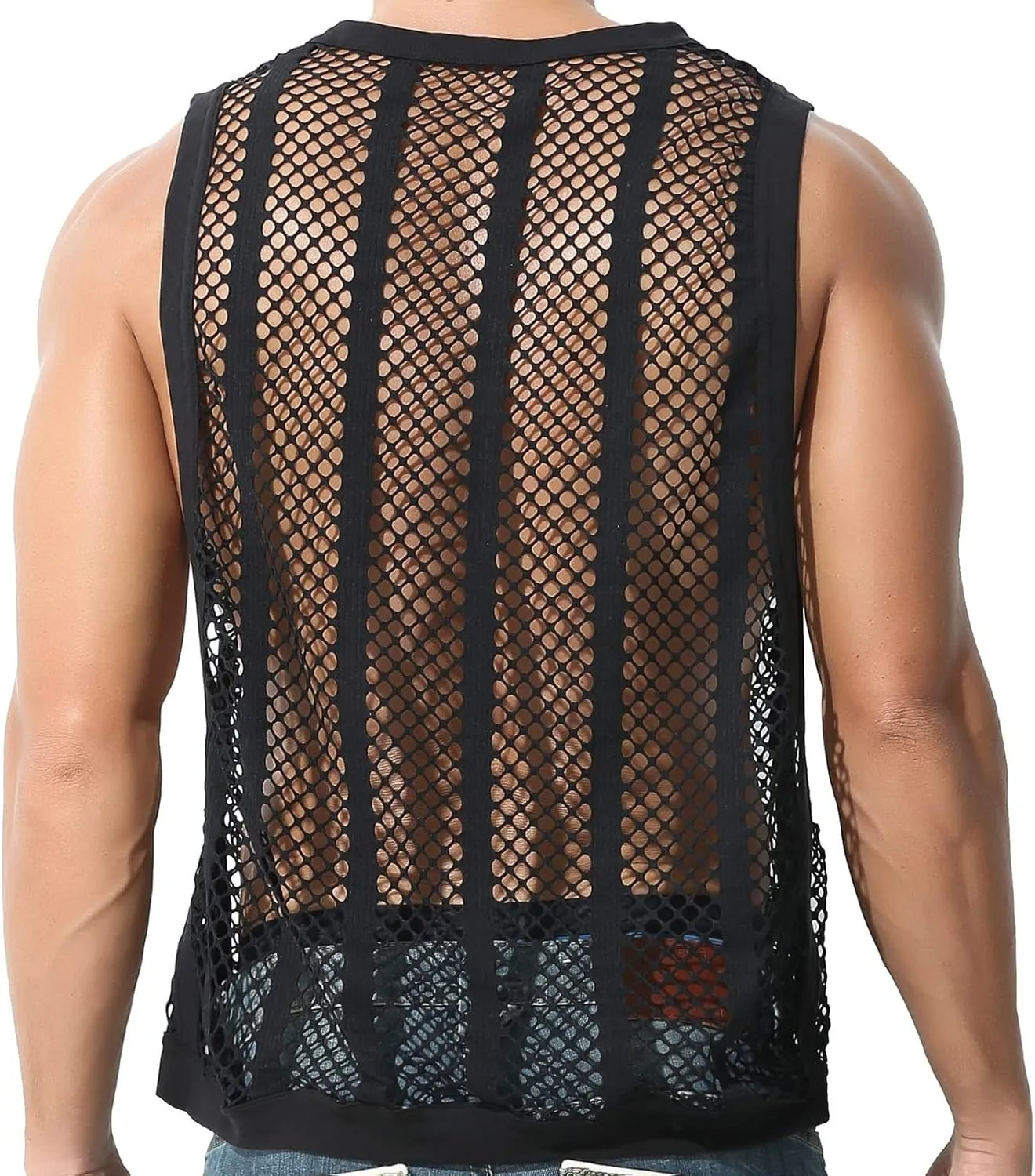 Mens See Through Tank Tops Sleeveless Stripe Mesh Fitted Muscle Shirts with Large Side Split Hollow Out Sheer Undershirts