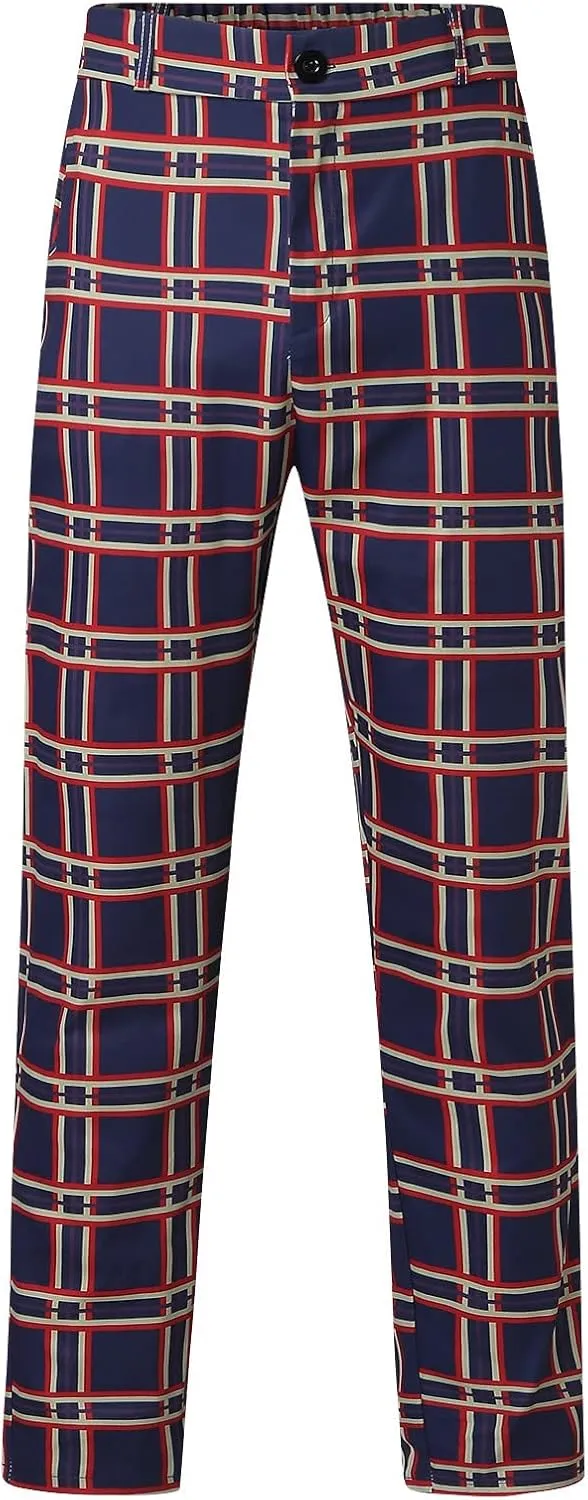 Mens Stretch Plaid Dress Pants Slim Fit Flat-Front Casual Skinny Chinos Business Fashion Golf Pencil Tapered Trousers