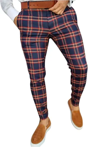 Mens Stretch Plaid Dress Pants Slim Fit Flat-Front Casual Skinny Chinos Business Fashion Golf Pencil Tapered Trousers