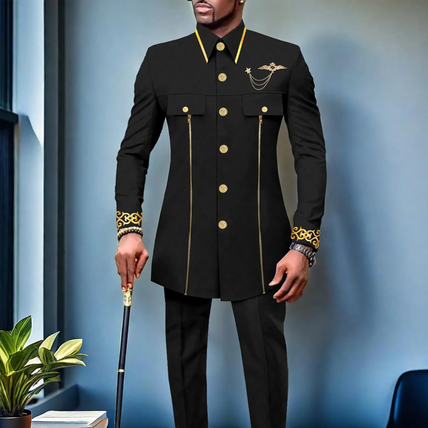Men`s Suits African Clothes Slim Fit Embroidery Single Breasted Full Sleeve Zip Blazer and Pants Set