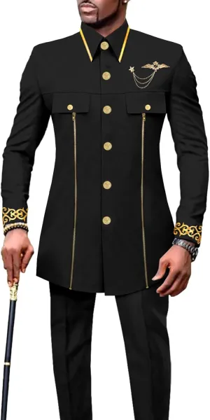 Men`s Suits African Clothes Slim Fit Embroidery Single Breasted Full Sleeve Zip Blazer and Pants Set